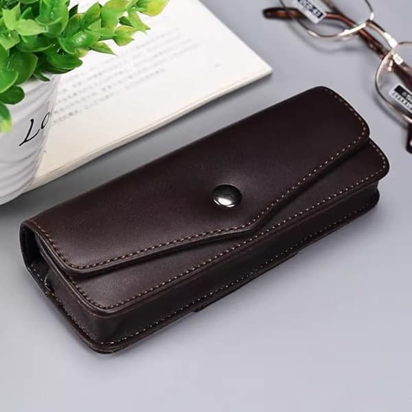 PU Leather Glasses Case, Portable with Belt Loop, Dark Brown, for Travel and Daily Use
