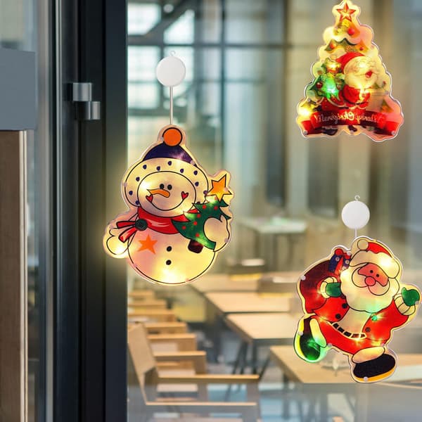 Sett med 3 LED julelys med sugekopp, juleutstillingsvindu