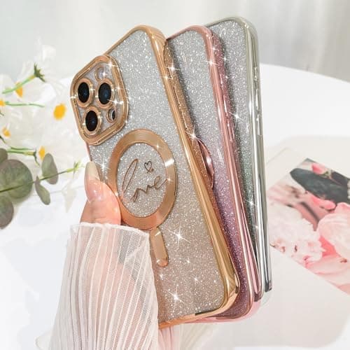 iPhone 16 Pro Max Deksel, Kompatibelt med MagSafe Hjerter Plating Kamerabeskyttelse Transparent Telefondeksel, Magnetisk Glitter
