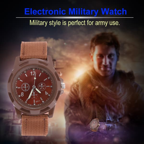 Electronic Analog Wristwatch Round Nylon Strap Military Wrist Watch (Coffee)