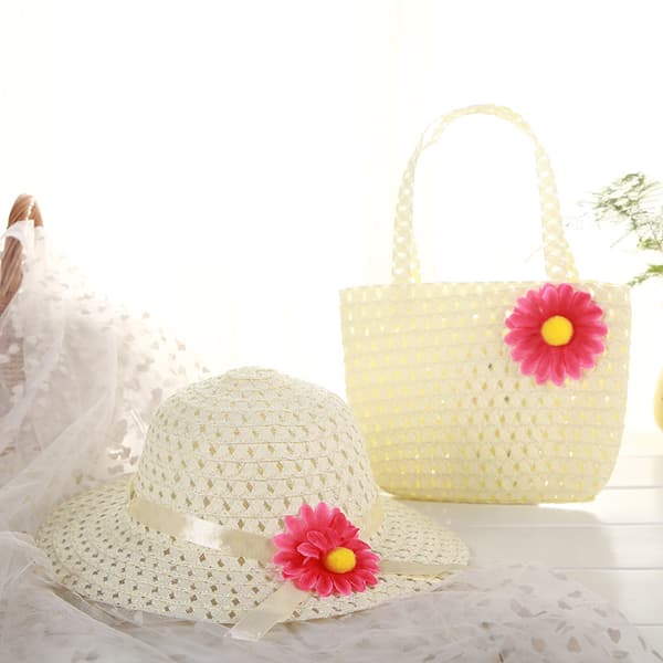 Barnens Solhatt med Strå, Babyhatt Väska Tvådelat Set - Beige