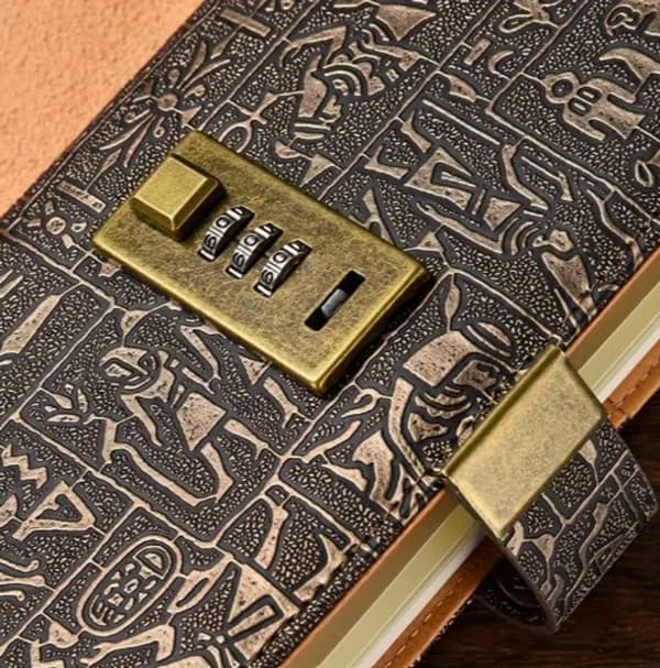 Password Notebook with Combination Lock, Embossed Vintage Style PU Leather Cover, 200 Lined Pages for Students, Professionals, and Travel, Brown