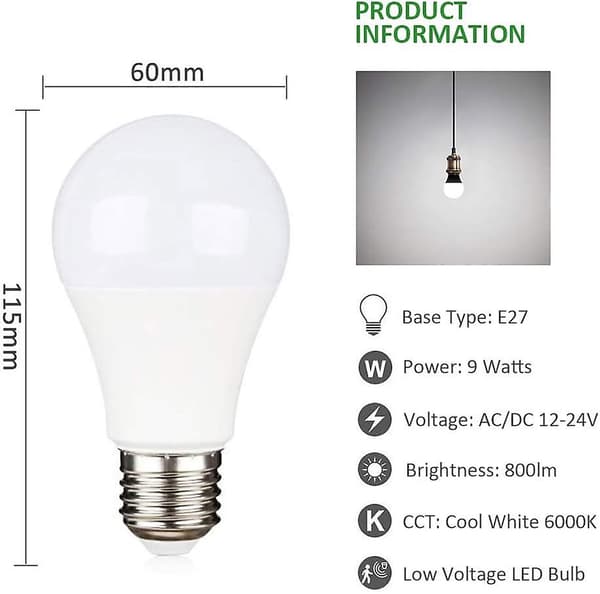 E27 9W 220V LED Koldhvid 6500K til Camping, 75W Halogen Ækvivalent, AC DC 12 Volt 24 Volt E27 LED-pære til Solpanel/Garage/Have, Ikke- [DB]