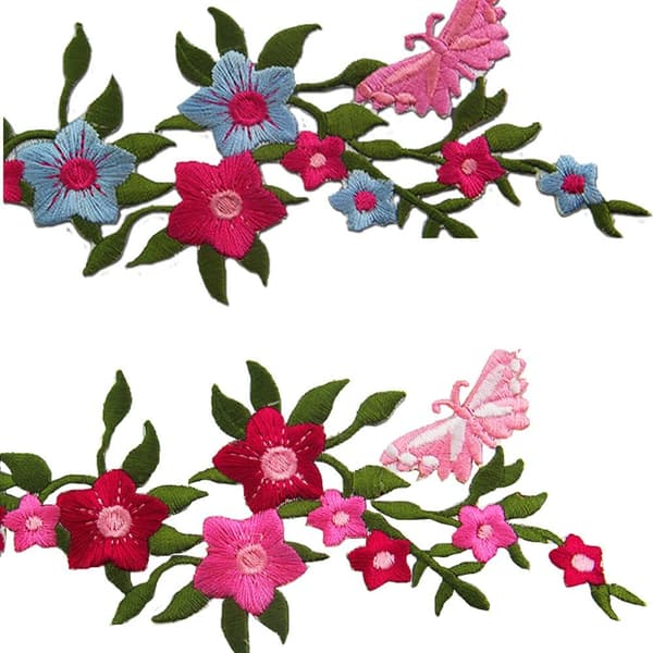 2 stk nye sommerfugler blomster broderte lapper, blomstrete blonde stoff