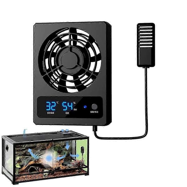 Smart køleventilator til krybdyrtank med LED-display, stærk vind, ventilationsblæser, lav støj, køleventilator (Fahrenheit) - Sort
