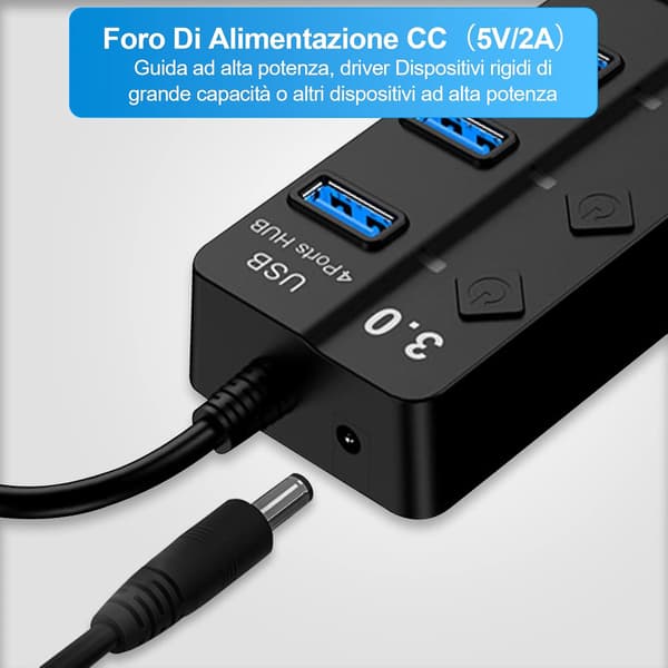 USB 3.0-hub med separat bryter og LED-lamper, 4-porters USB-hub