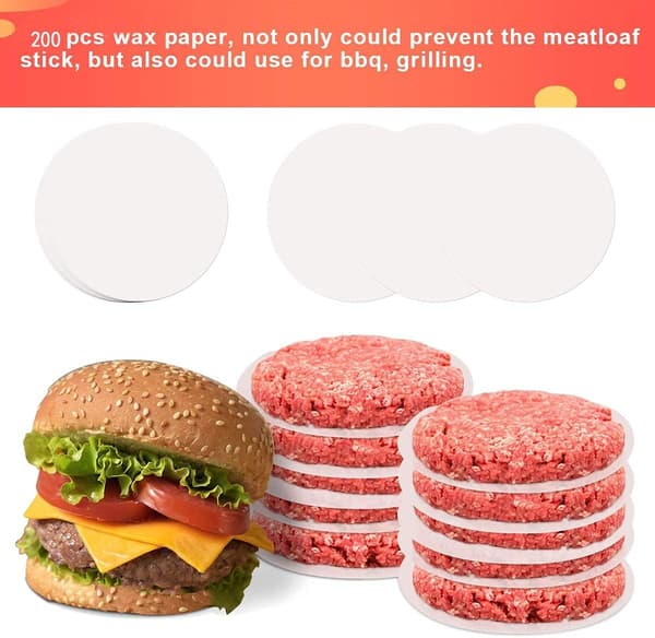 3-i-1 hamburgerpress, fylld hamburgerpress med 12 cm-200 non-stick BBQ hamburgerpapper