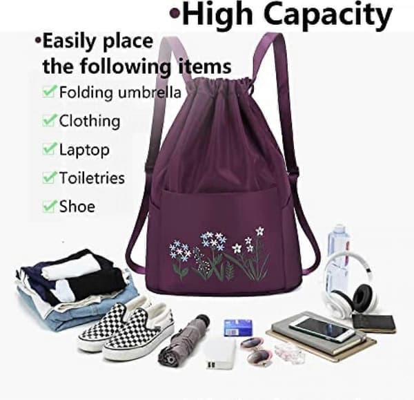 Drawstring Backpack, Women's Drawstring Bag, Waterproof Drawstring Backpack, Large Drawstring Backpack with Wet and Dry Storage - Purple