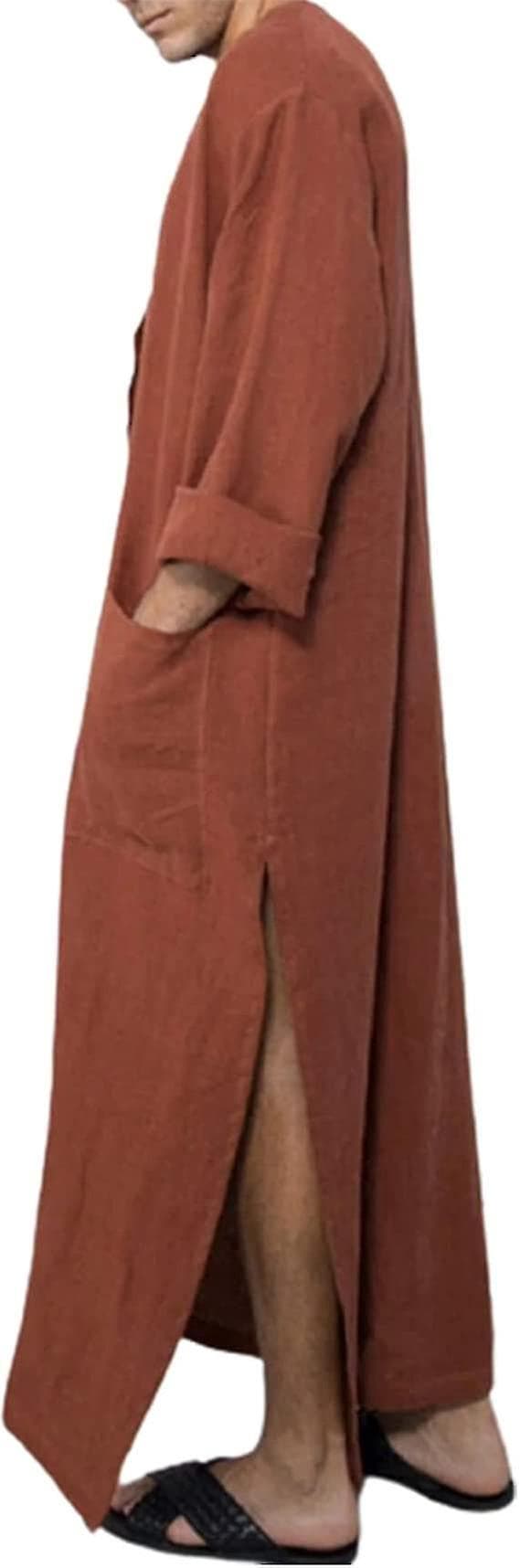 Men's V-neck Long Sleeve Kaftan with Button Placket Thobe and Side Slits Cotton XL Brown