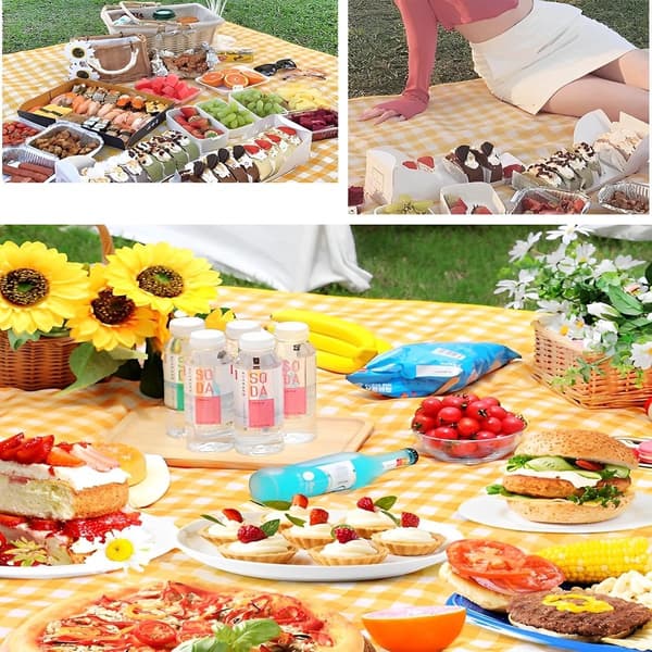 Picnic Mat Foldable Beach Mat Portable Picnic Blanket with Handle Waterproof Elastic Camping Mat for Hiking Camping Parks Yellow