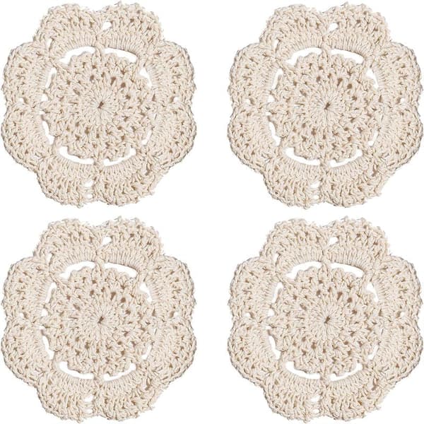 Sett med 4 (Beige) Runde Heklede Blondebrikker Brikker Håndlagde, 10 cm