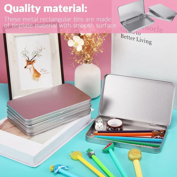 Rectangular Metal Tin Box with Hinged Lid, Empty Storage Container for Crafts and Small Items, Silver, 7 x 4.2 x 0.6 Inches, 2-Pack