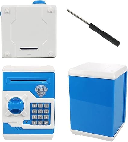 Elektronisk sparegris (blå) med automatisk pengeinnrulling, mini-ATM