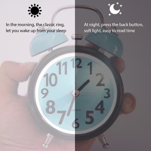 Dual Bell Ultra Silent Mechanical Alarm Clock Quartz Movement Desk Table Night Clock (Blue)