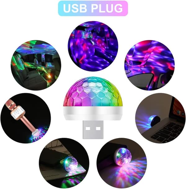3 stk. USB Mini Diskolamper, Lydaktiverede Flerfarvede Bilatmosfære Festbelysning