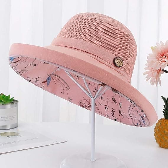 Mesh solhatter for kvinner - UPF UV-beskyttelse - Sammenleggbar - Bred brem - Hakestropp (Rosa)
