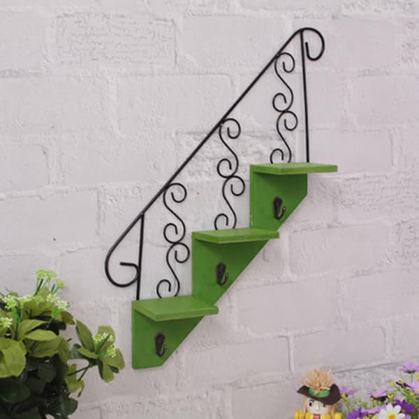 Wall Mounted Shelf with Hooks for Flower Pots, Step Design, Green