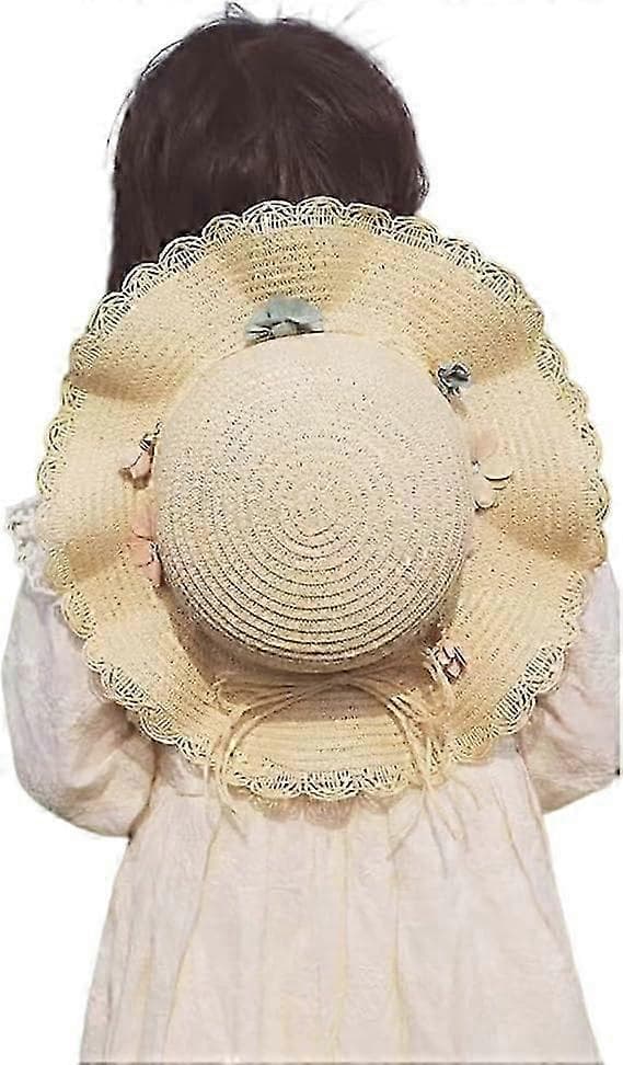 Sommerhatte til piger, piger Solhatte Sommer Strandhat Blomst Stråhat Solbeskyttelseshat til Børn Ferie Udendørs Beige