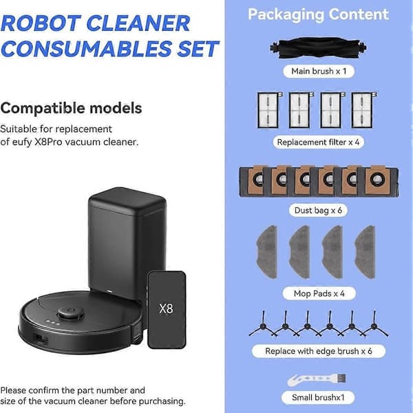 22 dele til Eufy X8 Pro Series Robotstøvsuger Reservedele - X8 Pro Tilbehørssæt, Hovedbørster Børste