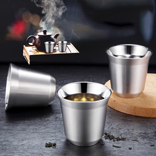 Dobbeltvæggede espressokopper i rustfrit stål, sæt med 2, 304 stål, isolerede 86 ml kaffekopper til hjem, kontor, rejser, sølv