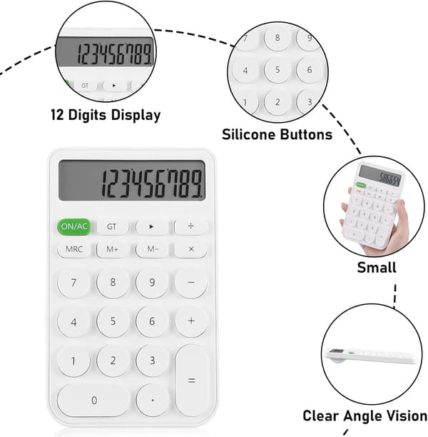 Desktop Calculator for Students, 12-Digit LCD Display, Basic Desktop Calculator for School, Office, and Home White White