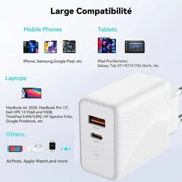 Rask lader 30W - E.F.CONNECTION - 2 porter - USB-C-kabel 20W - Kompatibel med iPhone 17/16 Vit Vit
