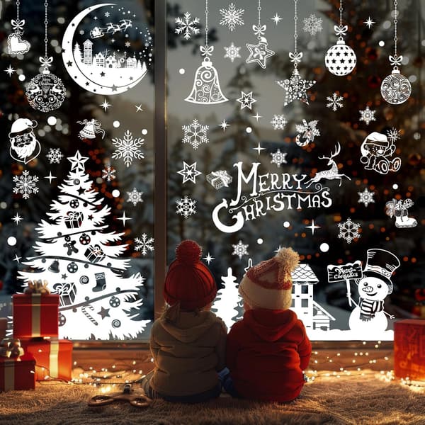 Reusable Christmas Window Stickers 9 Sheets Christmas Decorations Frosted Snowflake Tree Ornament