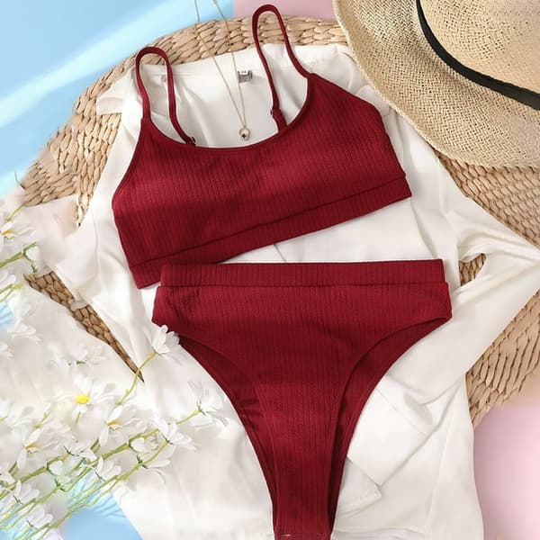 Kvinnor Hög Midja Ribbad Cami Bikini Set Bourgogne XL-US16