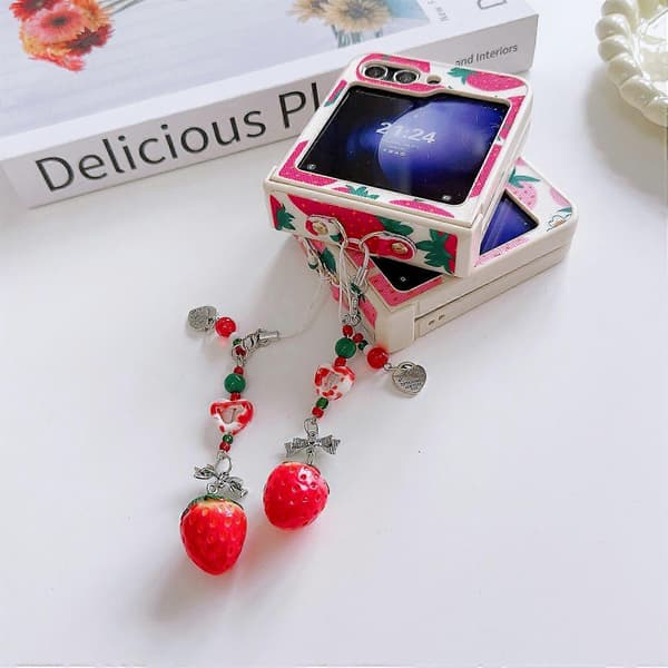 Wholesale Phone Case PC+PU Leather Shell with Strawberry Charm for Samsung Galaxy Z Flip5 5G