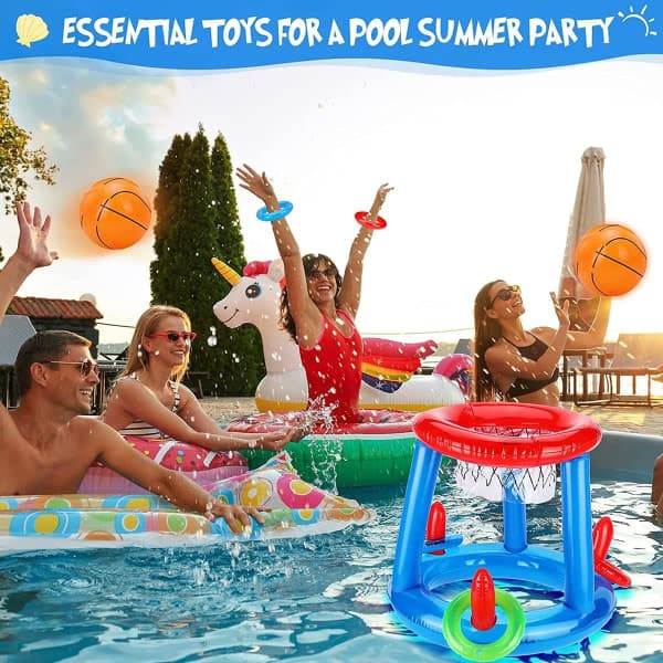 Inflatable Set, Interactive Pool Toss Toy, Floating Pool Basketball Hoop with Balls and Rings