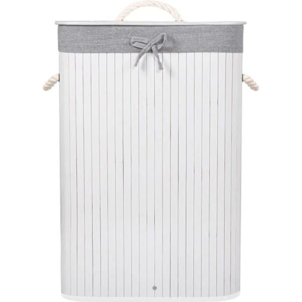 Laundry Basket - SPRINGOS - 72L - Natural Bamboo - White - Modern Scandinavian Style White