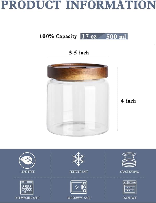 Sæt med 6 opbevaringsglas, 0,5 L, klare glasbeholdere, velegnet til madopbevaring
