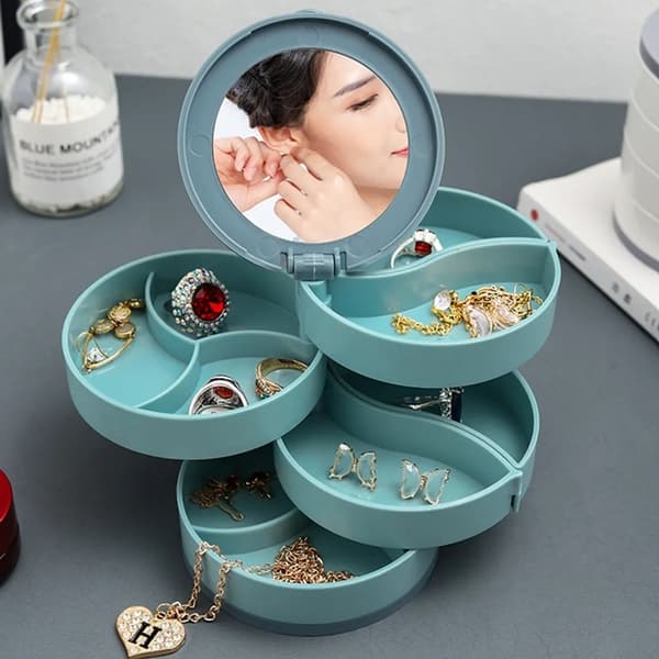 Jewelry Box Makeup Organizer Round Cosmetic Storage 4 Compartments Makeup Box (Blue)