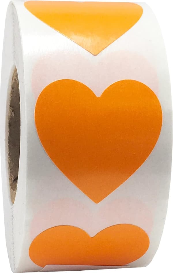 2,5 cm oranssit sydäntarrat, 500 tarraa/rulla.