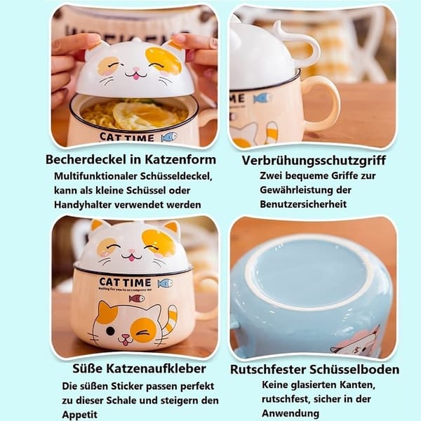 Ramen Bowl with Lid, Cute Cat Salad Bowl Handle, 1020mL