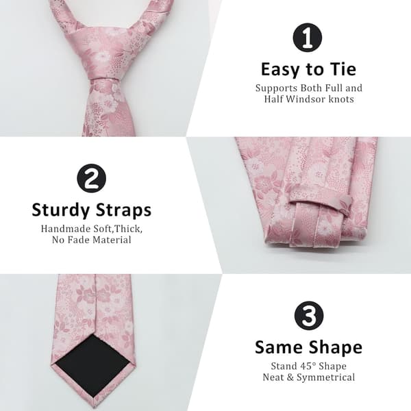 Blomstrede slips til mænd, 3 stk/sæt slips lommetørklædeholder sæt bryllup forretning gallafest sædvanlig pink - Pink