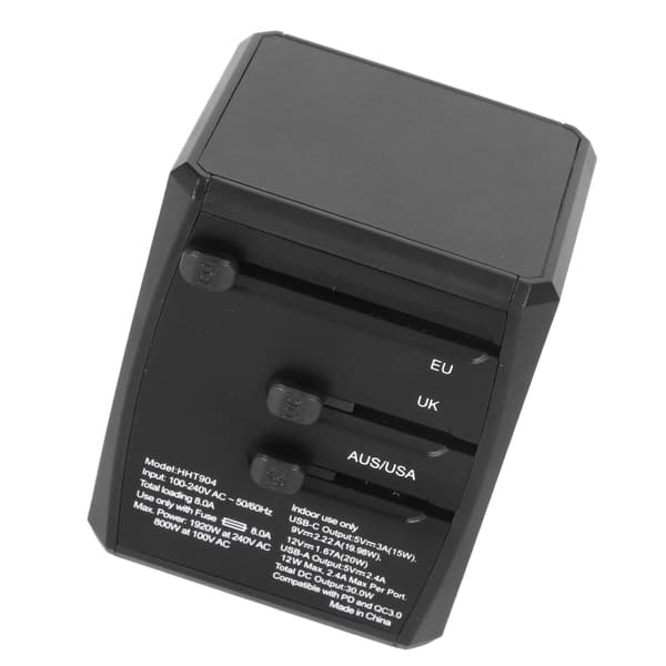 Universal rejseadapter væg international oplader med USB C-porte 8A USB-porte til USA EU Storbritannien 100‑240V Sort