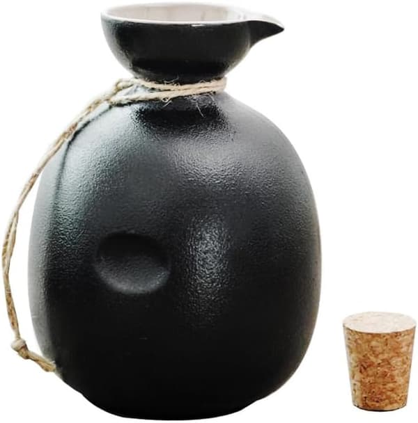 Musta keraaminen viinikannu sake-pullo korkilla, 10oz