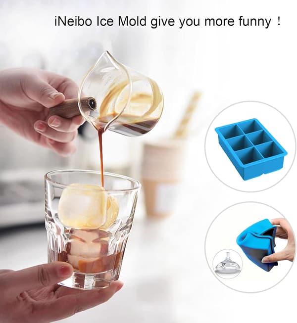 Stor silikone isterningeform - 6 stk. 5 cm isterninger til Whiskey & Drinks, BPA-fri (Blå, 1-pak)