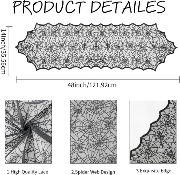 1 pc Black Spider Web Table Runner, Halloween Table Mats, Halloween Decorations Lace Spider Web Centerpiece (35x122cm)