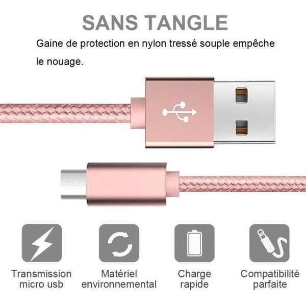 Micro USB-kaapeli, 2 kpl, 2M - Vaaleanpunainen nylon