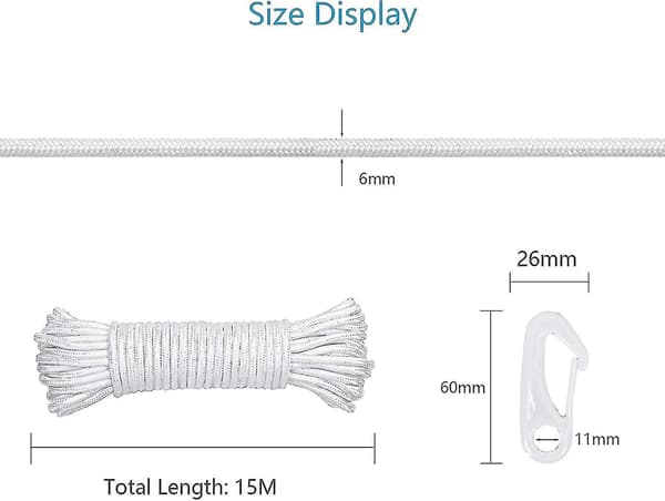 6mm Nylon Flagpole Rope with 4 Hooks (15 Meters)