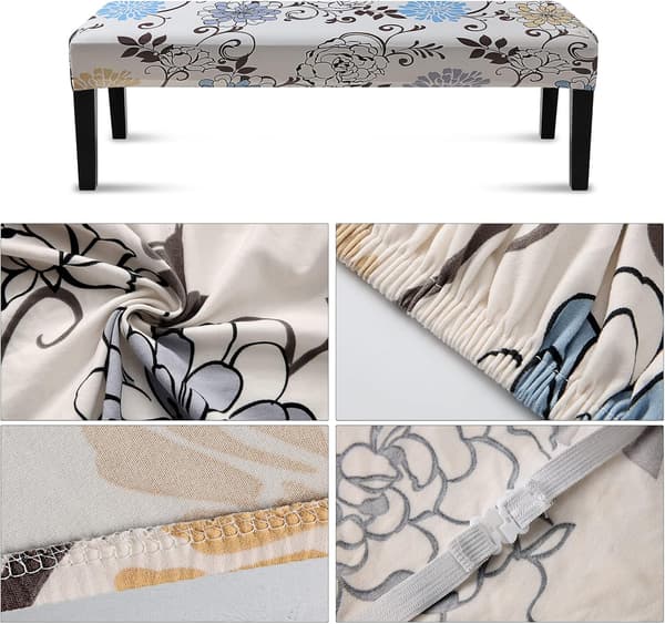 Dining Bench Cover, Super Stretchy Washable Bench Slipcover, Printed Bench Protector for Living Room, Bedroom, Kitchen (Beige/Blue)