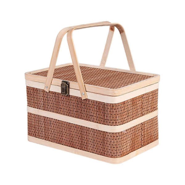 Woven Baskets Bamboo Portable Picnic Fruit Natural Holder Lid Bread Zongzi Organizer
