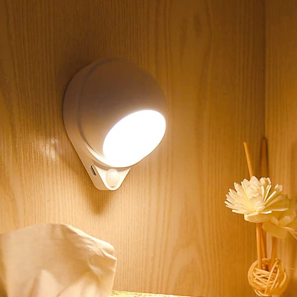 Bevægelsessensor Natlampe Indendørs, Genopladelig Underskabsbelysning, Roterende Magnetisk Skivelampe (Varm Hvid)