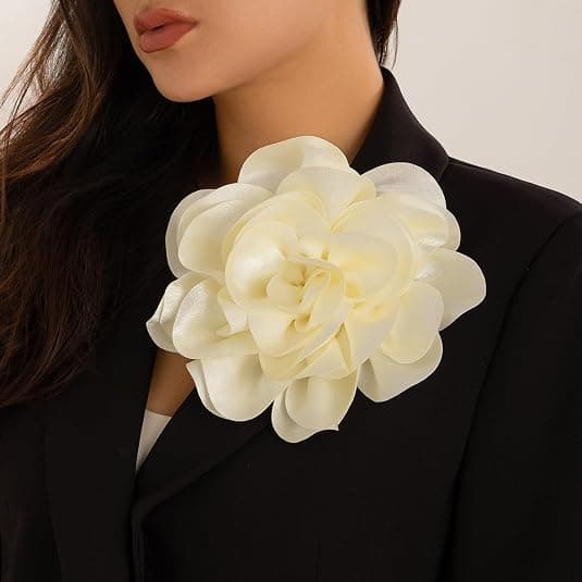 Exquisite Shiny Satin Camellia Brooch, Oversized Flower Brooch, Lapel Pin, 19cm, Beige