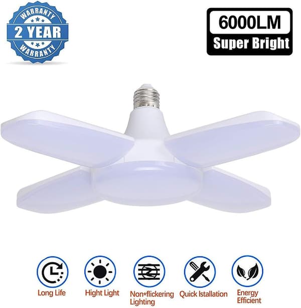 60W LED Garage Lighting, E27 6000 Lumen Security Ceiling Lamp, Deformable Workshop Lamp with 4 Adjustable Panels, Super Bright Daylight for Garage, Warehouse