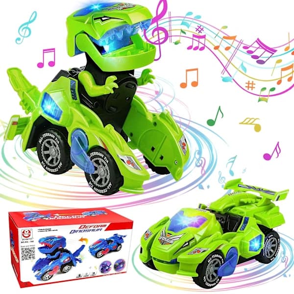Transformerende dinosaurlegetøj Transformerende dinosaurbil Automatisk transformerende dinobiler med musik og LED-lys Transformerende ...