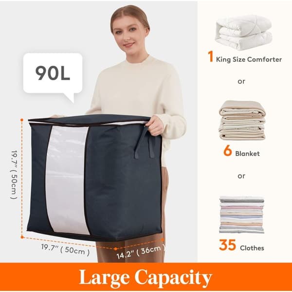 Large Clothes Storage Bag with Reinforced Handle, Clear Window & Strong Zipper - 3-pack, 50x36x50cm, Grey