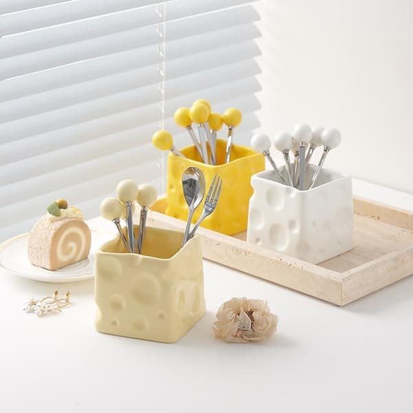 Keramisk Organizer Förvaringsburk Ostform Bestickhållare Beige - Beige